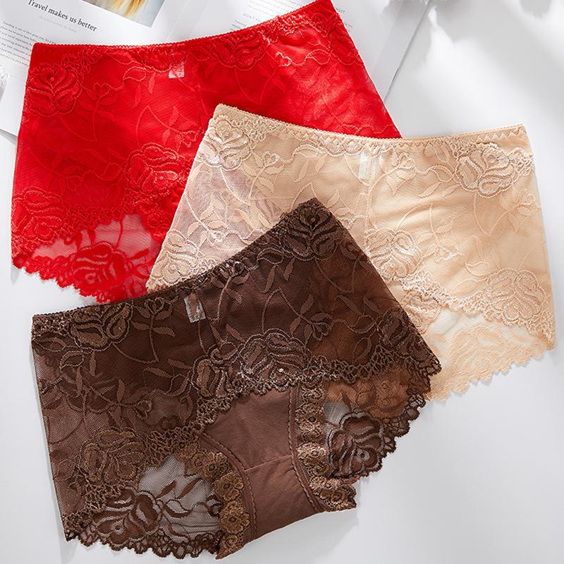 8 Color Plus Size Women Panties Sexy Lace Transparent Underwear Panty Seamless Mid-Waist Hip Raise Briefs Cotton Health Lingerie