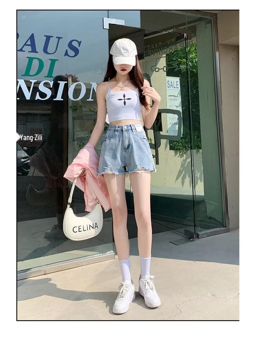 Women s Trendy American Style Denim Shorts - Loose Fit, Thin Design, Five-Point Casual L светло-синий