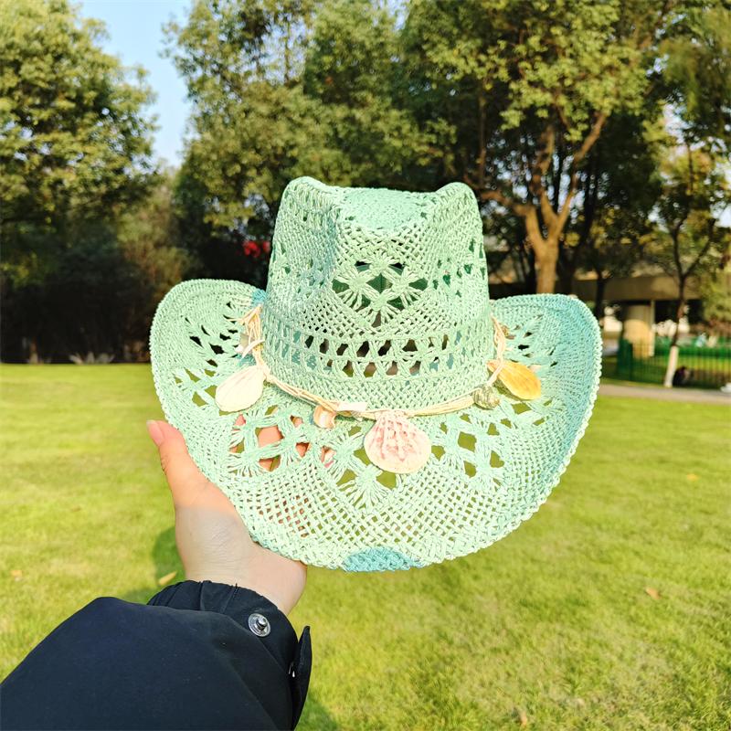Cowboy Straw Hat for Women Fashion Seashell Straw Cowboy Hat Beach Summer Cowboy Sunshade Jazz Hat Sombrero Vaquero Hombre
