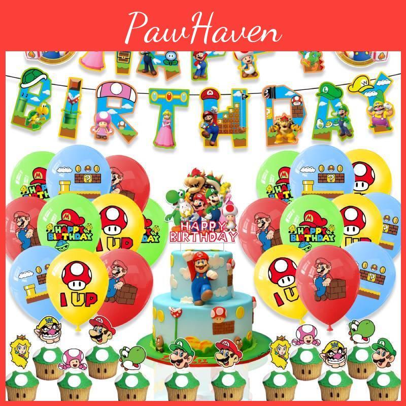 Mario Theme Party Decorations Set Flags, Cake Toppers, Balloons, And Spirals For An Amazing Party Atmosphere!