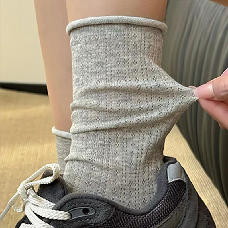 Sweet Hollow Mesh Socks Women Lolita Summer Breathable Thin Rolled Edge Mid-tube Stockings Girls Crew Pleated Socks