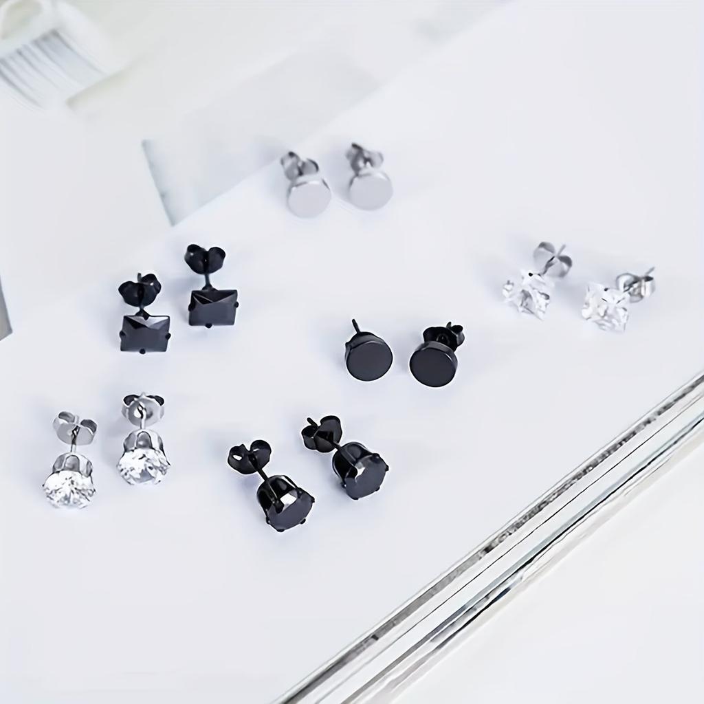 6Pairs/set Trendy Simple Stainless Steel Stud Earrings For Men For Daily Decoration Gift For Family And Friends Holiday Birthday