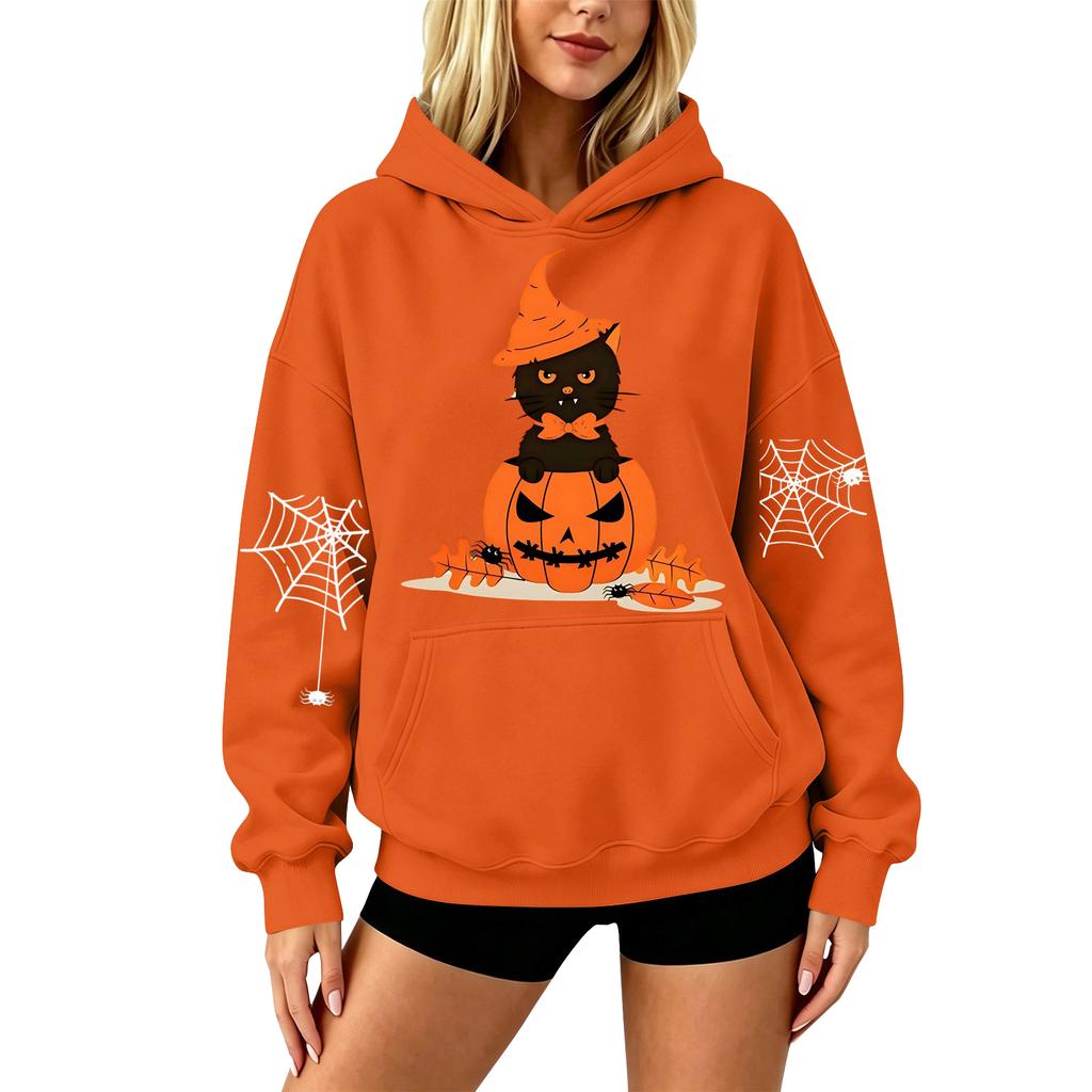 Women's Halloween Print Drop Shoulder Hoodie Loose Fit Casual Pullover
