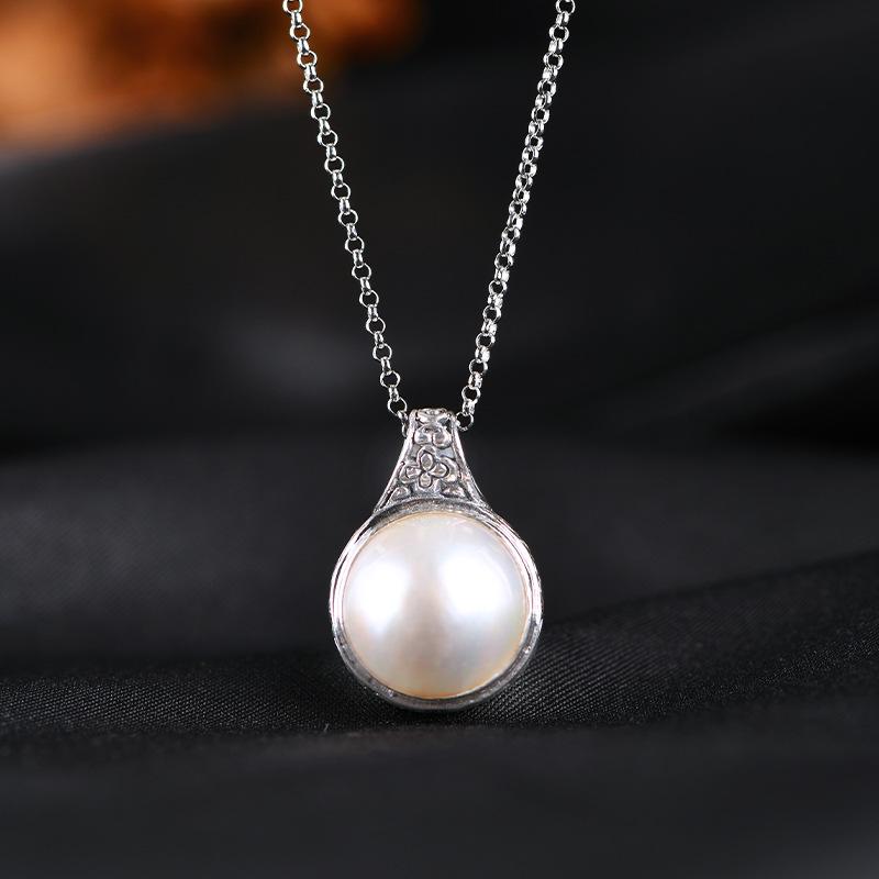 

S925 Silver Natural Pearl Pendant Necklace: Mabe Pearl Bali Style
