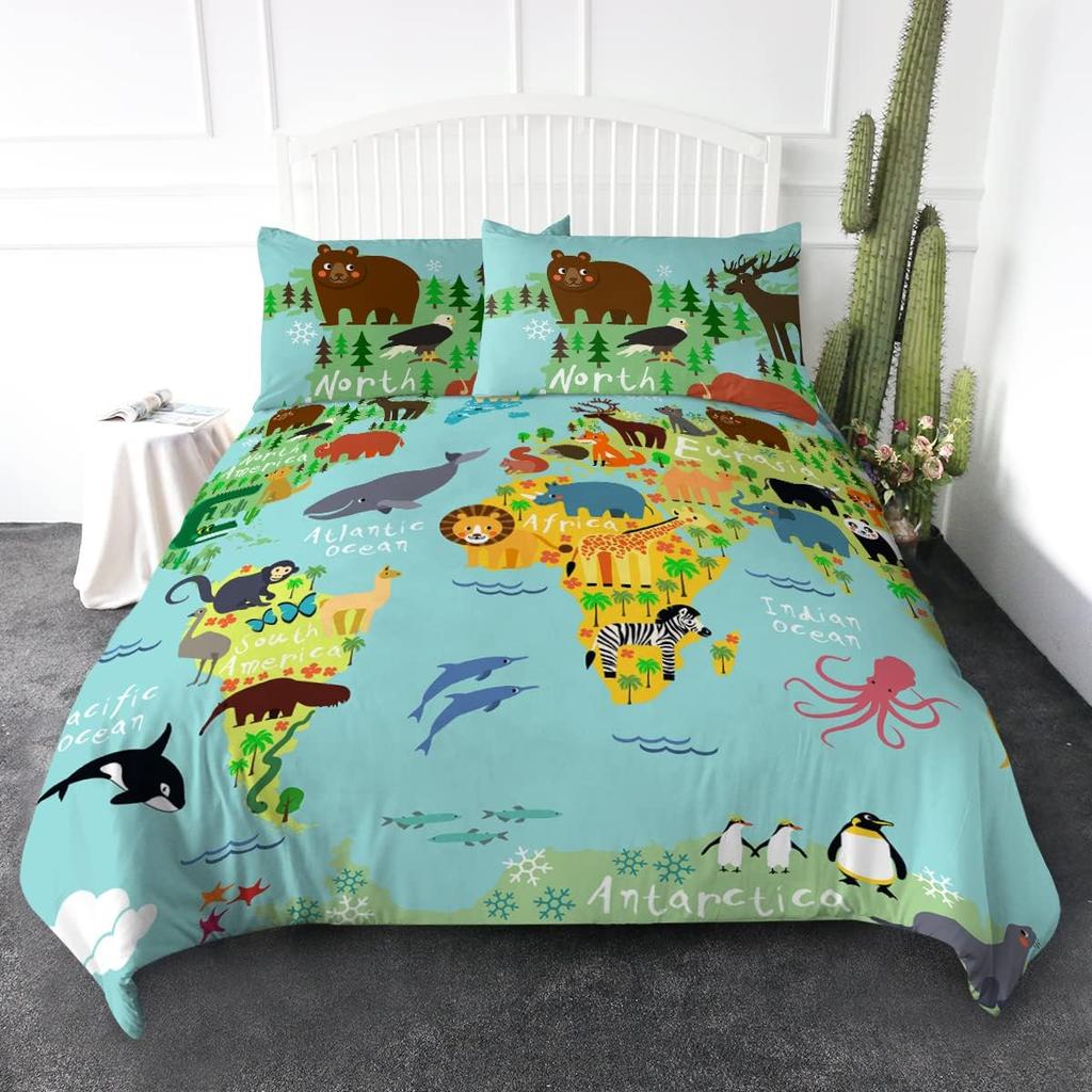 Green Animal Plant Pattern Duvet Cover Queen King Size HD Printed Shamrock Green Bedding Set 3 Piece Set and 2 Pillowcase T