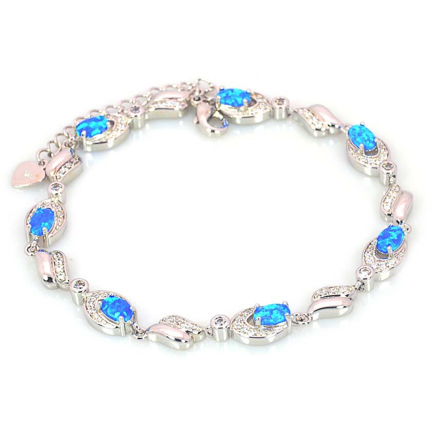 Opal Small Oval Bracelet & Necklace Set - Summer Hawaiian Fashion Gemstone Jewelry Inlaid with Colored Opal синий