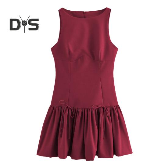 Women Summer Dress Sleeveless Bow Decor Pleated A-line Solid Color Mini Dress Back Zipper Closure O Neck Vest Dress for Dating Party