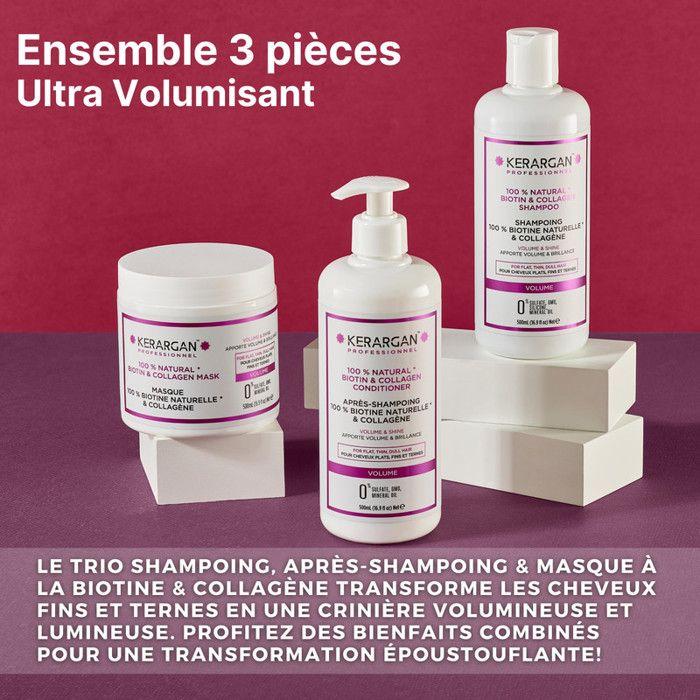 Kerargan - Trio Volumisant Shampoing, Après-shampoing &amp; Masque Biotine &amp; Collagène pour Cheveux Plats - Sans Sulfate - 3x500ml