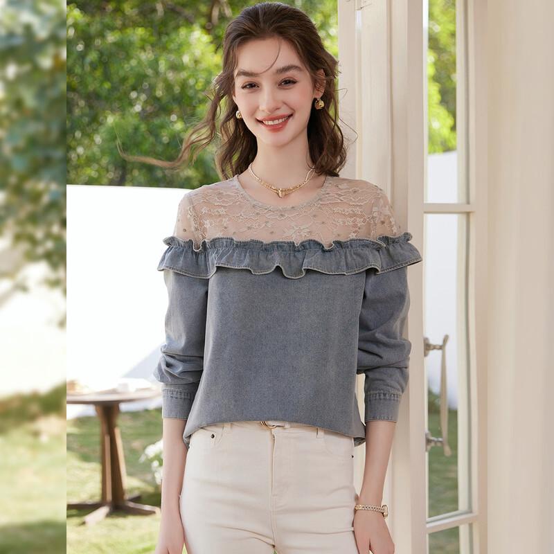 Elegant Ruffle Denim Patchwork Shirt XL
