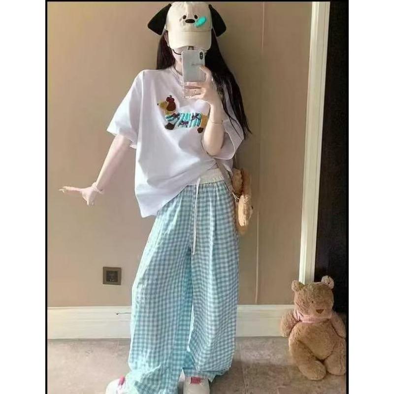 

Розовые клетчатые свободные повседневные брюки летние тонкие в ленивом стиле универсальные брюки в пол с высокой талией, приспущенные, контрастного цвета, прямые брюки XL зелёный