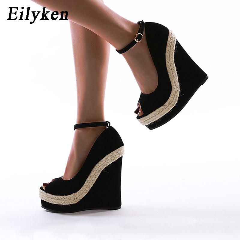 Fashion Eilyken Platform Sandals Women High Quality Flock Fabric Peep Toe Fashion Buckle Strap Wedge Heels Dress Ladies Shoes