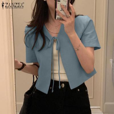 Women Casual V-Neck Short Sleeve Lace Up Cardigan Blouse
