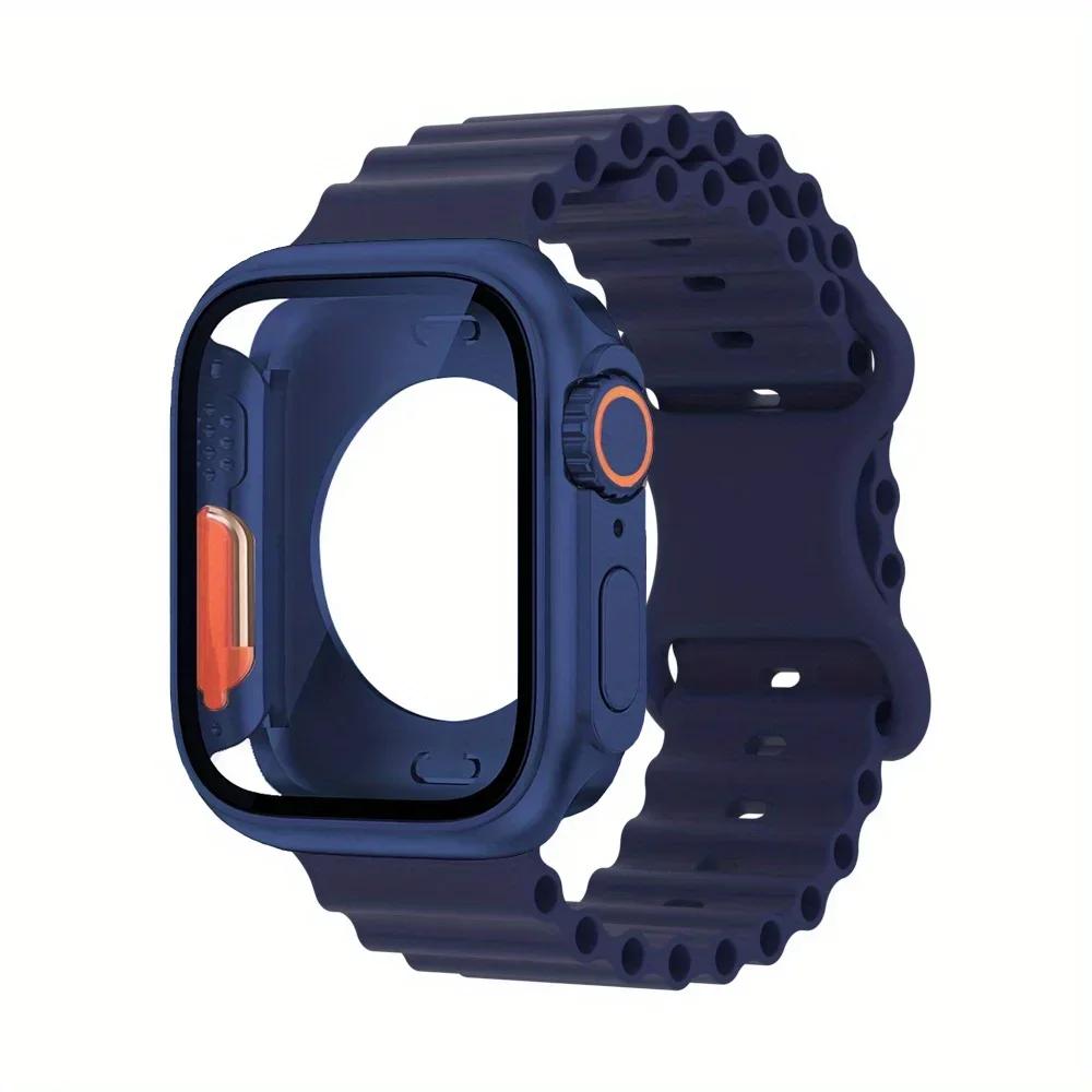 PC Firm Cover+Strap for Apple Watch Band 44 46 45mm 41/40mm Glass+Case Silicone Bracelet Correa IWatch Series 10 9 8 7 SE 6 5 4