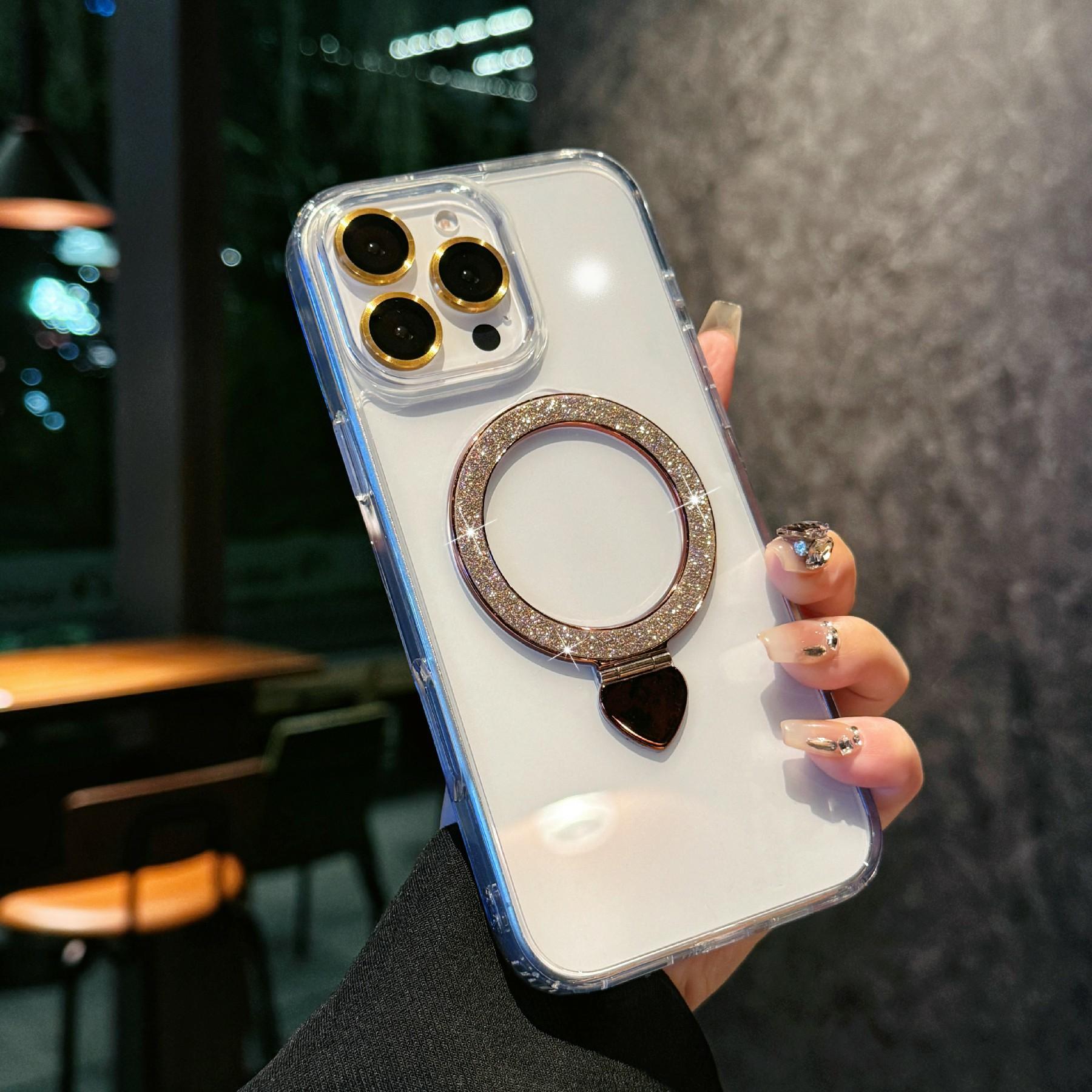 

For iPhone 16 Pro Case TPU+Acrylic Clear Phone Cover with Glitter Ring Kickstand Gold