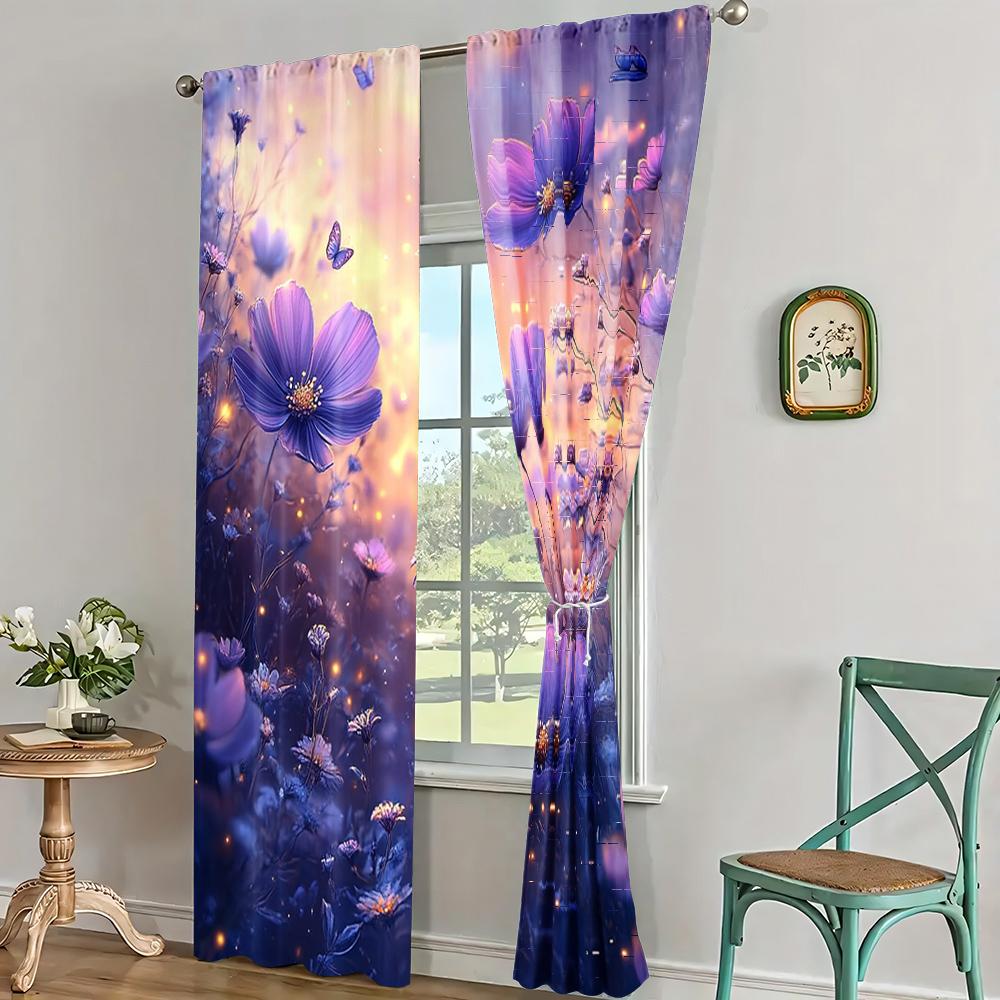 2pc,  Window Curtains Blue & Purple Flowers Light Filter Spring Party & Holiday Decor Perfect for Carnival Decor