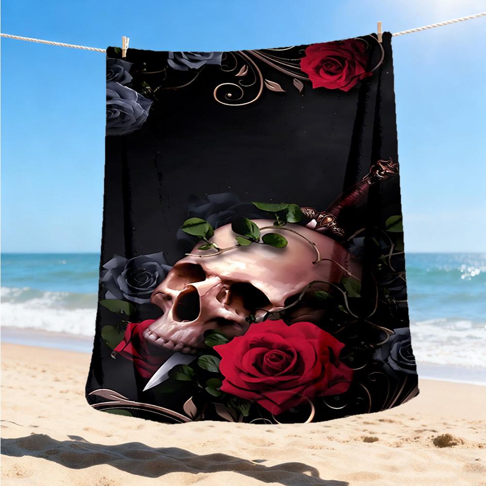 

1pc Skull Roses Print Outdoor Flannel Blanket Soft All Season Polyester Throw , Perfect for Picnics & Travel , Picnic Accessory 80x120cm