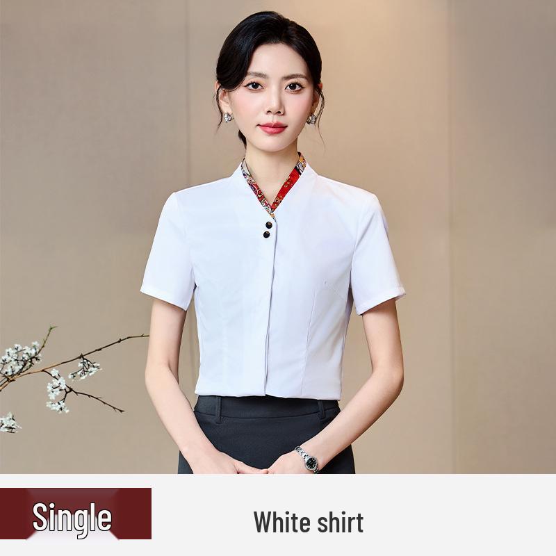 Women's Short-Sleeve Summer White Shirt - Formal, Waist-Hugging Workwear for Jewelry Store Front Desk