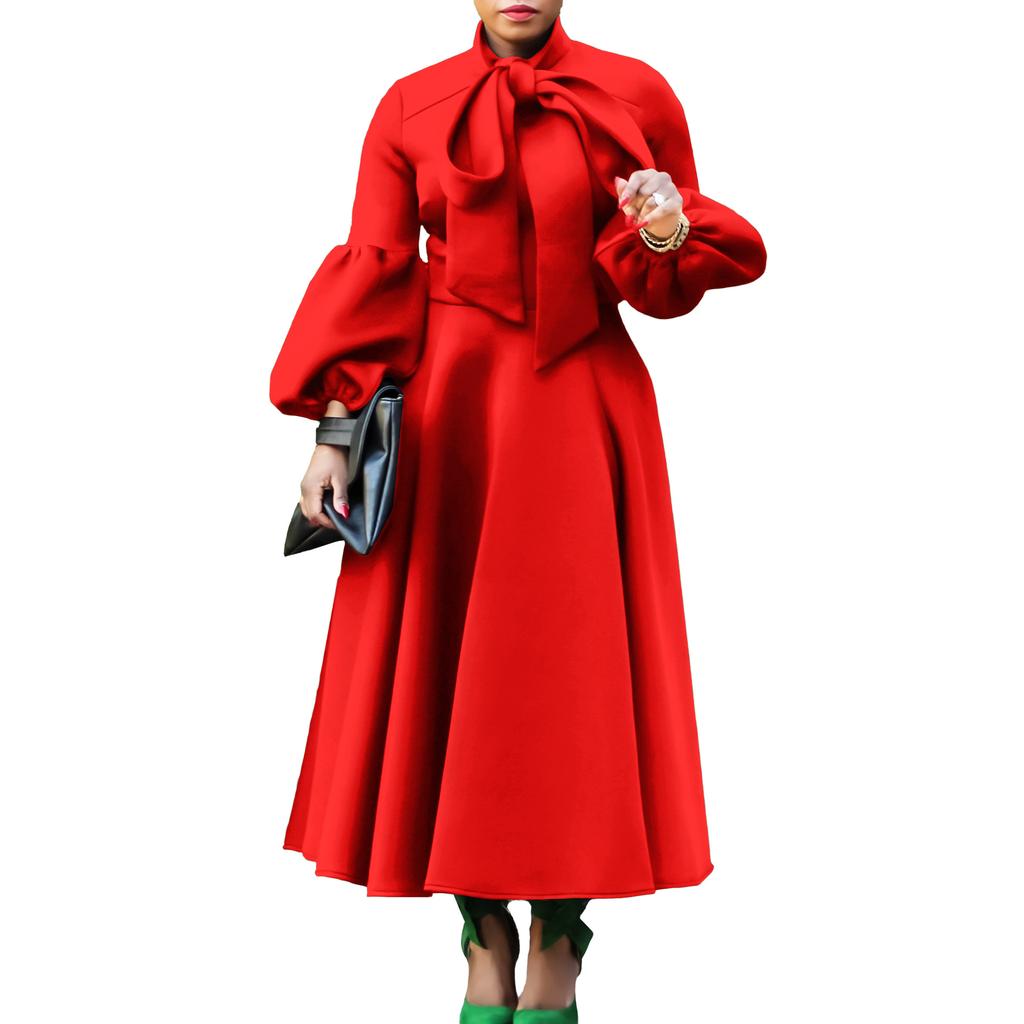 Spring and Autumn Women's Dress Plus Size Fashion Tie Lantern Sleeve High Waist Bowknot Big Swing Dresses