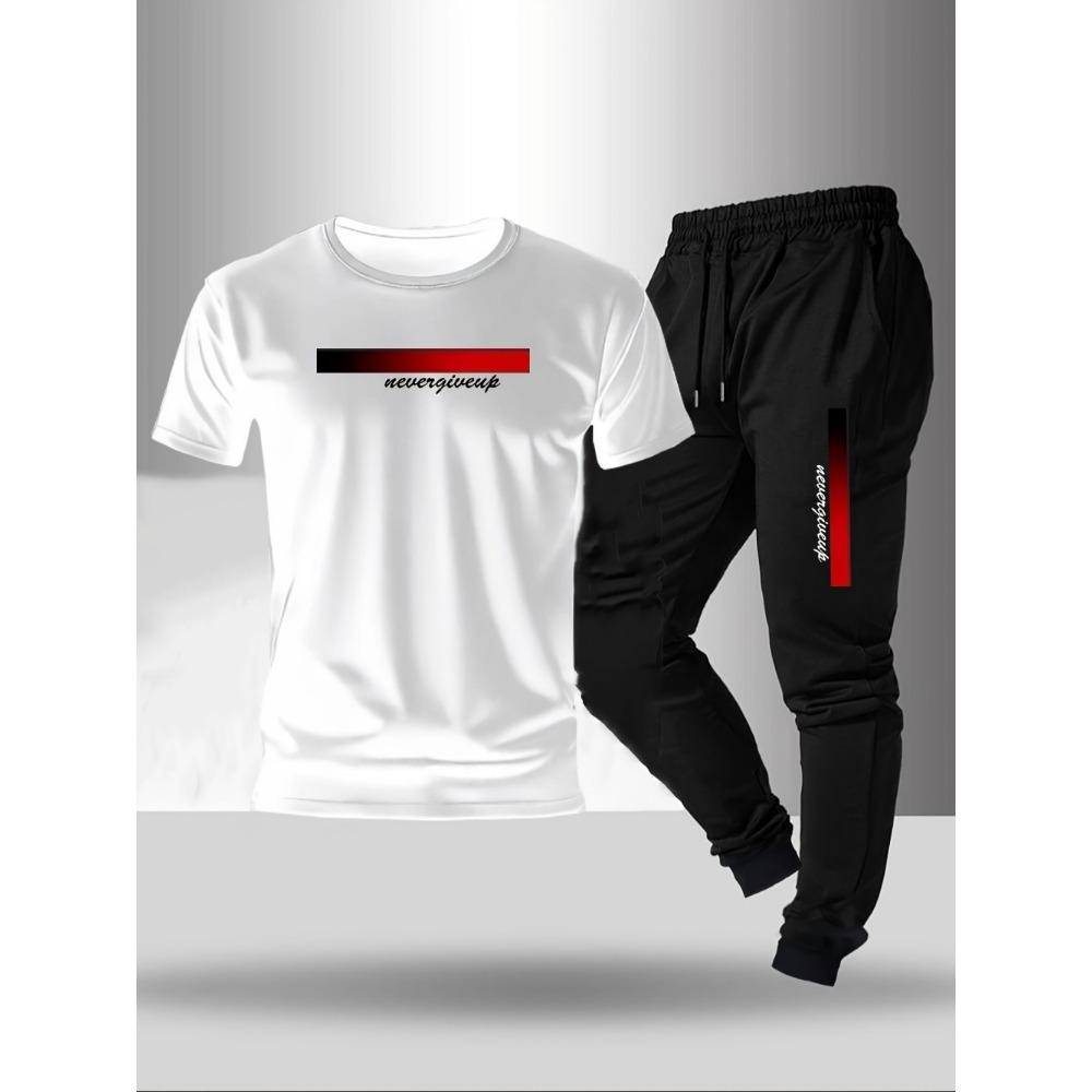 Men's Fashionable Letter Gradient Printed Breathable T-shirt and Drawstring Pants Set Suitable for Outdoor Casual Wear