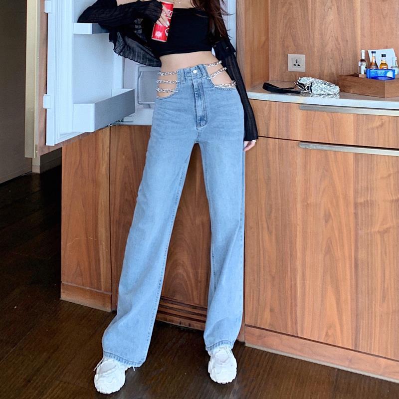 

2025 Spring/Autumn High-Waist Wide Leg Denim Pants for Women - Trendy, Sexy, Designer Chain Detail L (100-110 lbs)