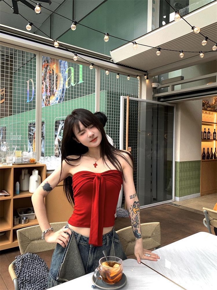 Red Bow Bandeau Top - Women's Chic Summer Camisole