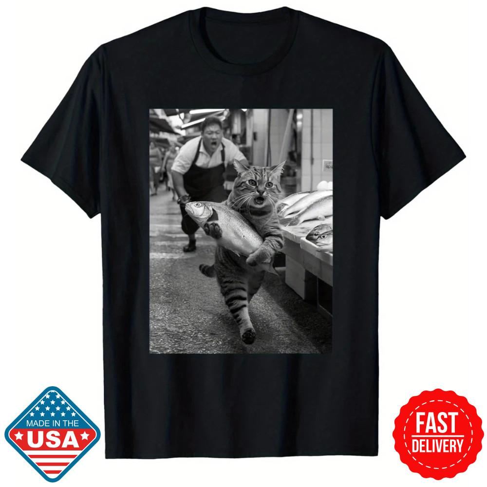 Смешной Кот Крадет Рыбу Рынок Черно-Белый Мем Футболка | Унисекс | Хлопок | Унисекс Футболка S