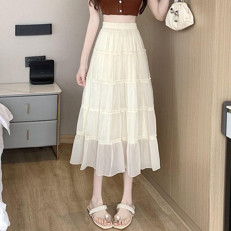 Women's Summer Ruffled Tencel Chiffon A-Line Tiered Skirt Mid-Length High Waist Slimming Skirt