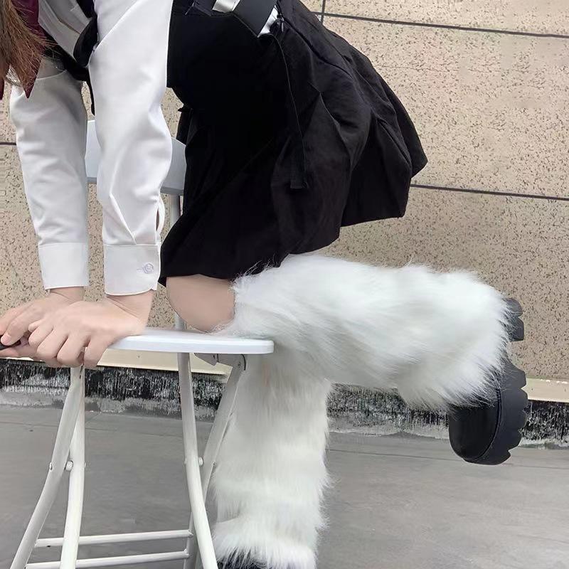 White Black Faux Fur Leg Warmers Boot Covers Goth Solid Leg Socks Punk Jk Knee-Length Hip Hop Hot Girl Fashion Warm Sock Gift