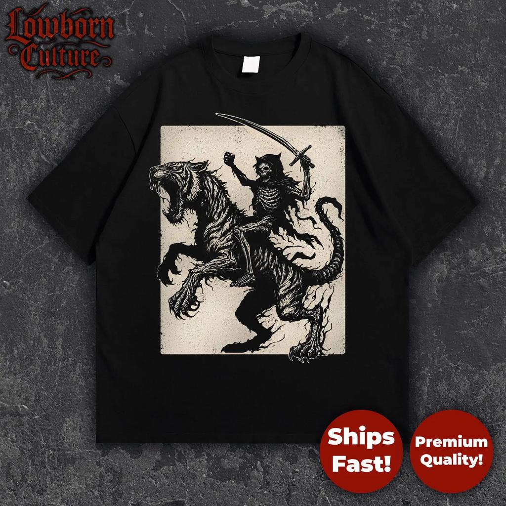 Grim Reaper Tiger T Shirt Death Rider Skeleton Gothic Vintage Dark Fantasy Vintage Versatile Soft Casual Stylish