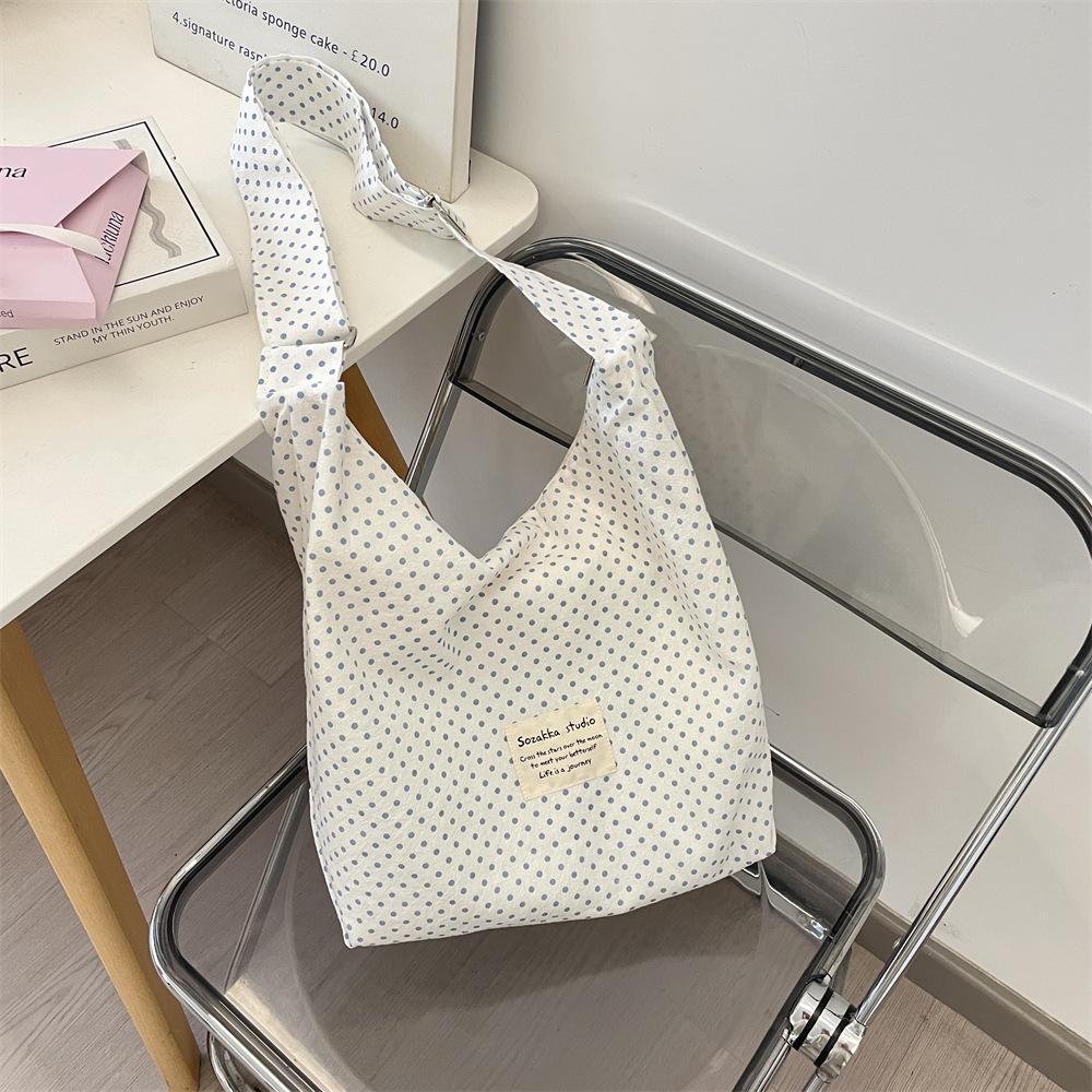 91 Sweet pink star printed polka dot shoulder canvas bag large capacity tote bag commuter fabric messenger bag