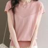 Korean Simple Sweet Fashion Summer Round Neck Short Sleeve T-shirt Women's Solid Patchwork Screw Thread Loose Versatile Knit Top