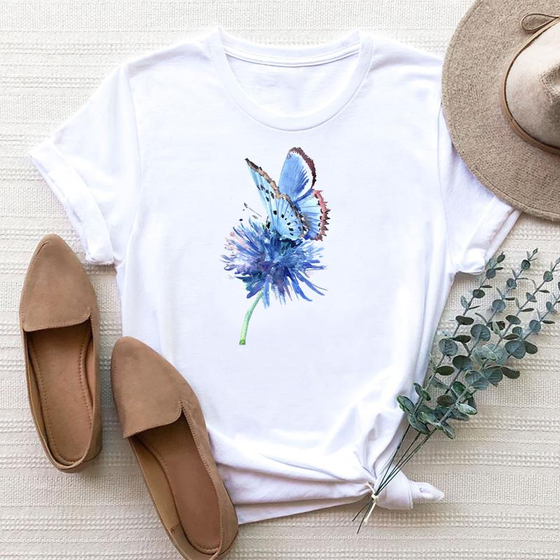 Taille européenne Femme Papillon Mignon Tendance Dessin Animé Mignon Impression Tee Haut Mode T-shirt Femme Vêtements T Manches Courtes T-shirts Graphiques