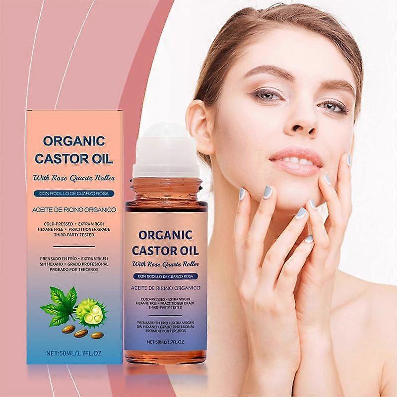 1-3X Organic Golden Castor Oil Roll-On with Rose Quartz | 100% Pure for Skin, Brows & Lashes and Less Mess| Hexane-Free