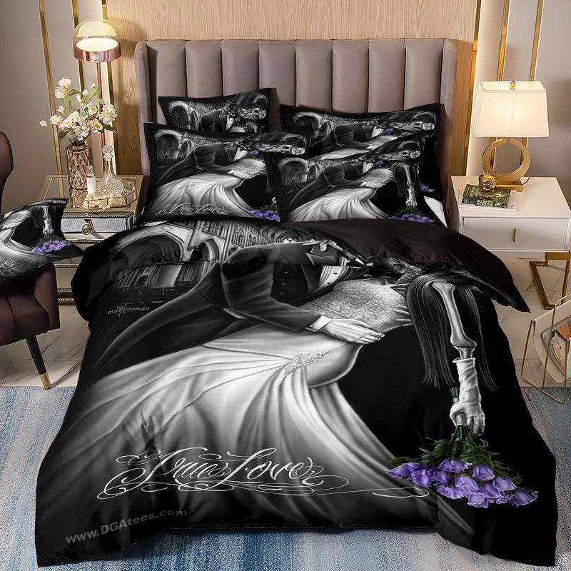 Set de trei piese 3D Textile de casă Lenjerie de pat Schelet Femeie frumoasă Imprimeu Husă de pilotă Cearșaf