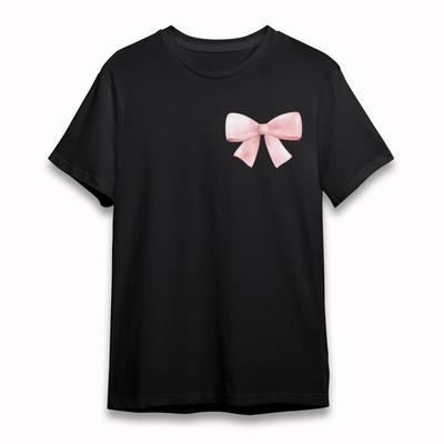 Damen Oversize Klassisches T-Shirt Soft Pink Gradient Schleifengrafik Schwarzes Baumwoll-Tee