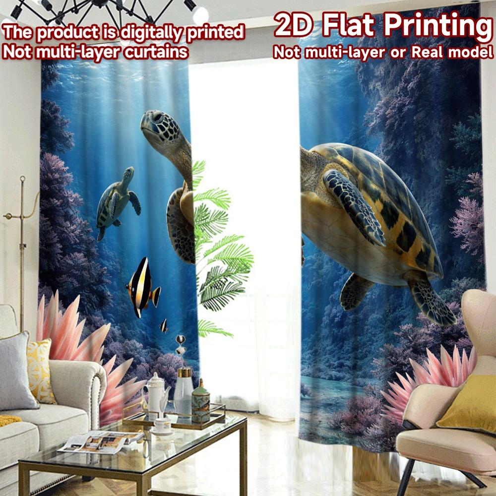 2D FLAT PRINTING 2pcs Curtains (Without Rod) Turtles Swimming Underwater Popular Minimalist Curtains Versatile Polyester Fabric