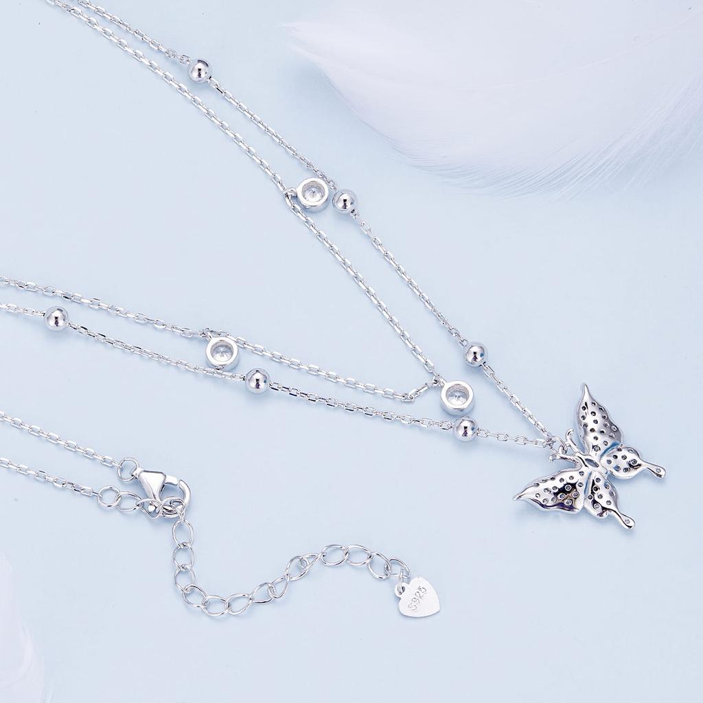 Silver Butterfly Necklace with Crystals, Adjustable Length