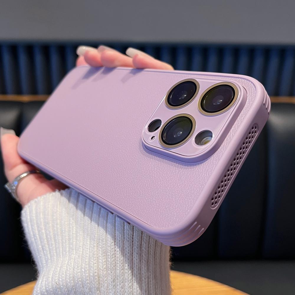 Luxusní kožený chladicí kryt na telefon se vzorem liči pro iPhone 15 14 13 12 Pro Max, ochrana objektivu, odvod tepla, kryt rámečku