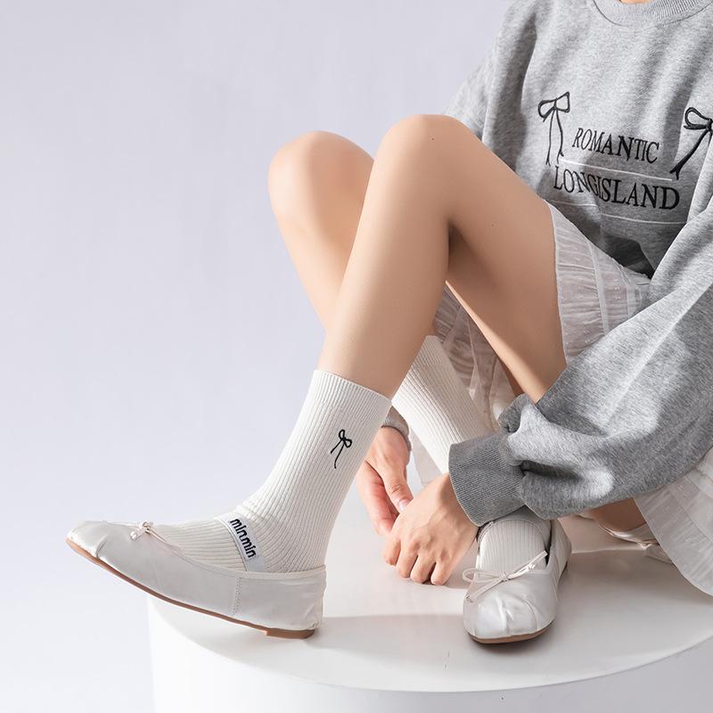 Autumn Socks, Women's Embroidered Bow Mid-calf Lolita Retro Trendy Solid Color Versatile Cotton Socks