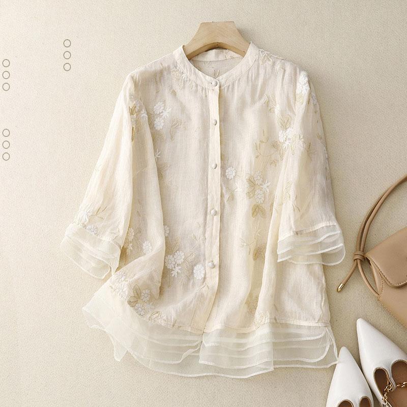 Spring Summer Women Shirt Blouse Spliced Three Quarter Gauze Stand Neck Single-breasted Breasted Folk Embroided Cardigan Tops