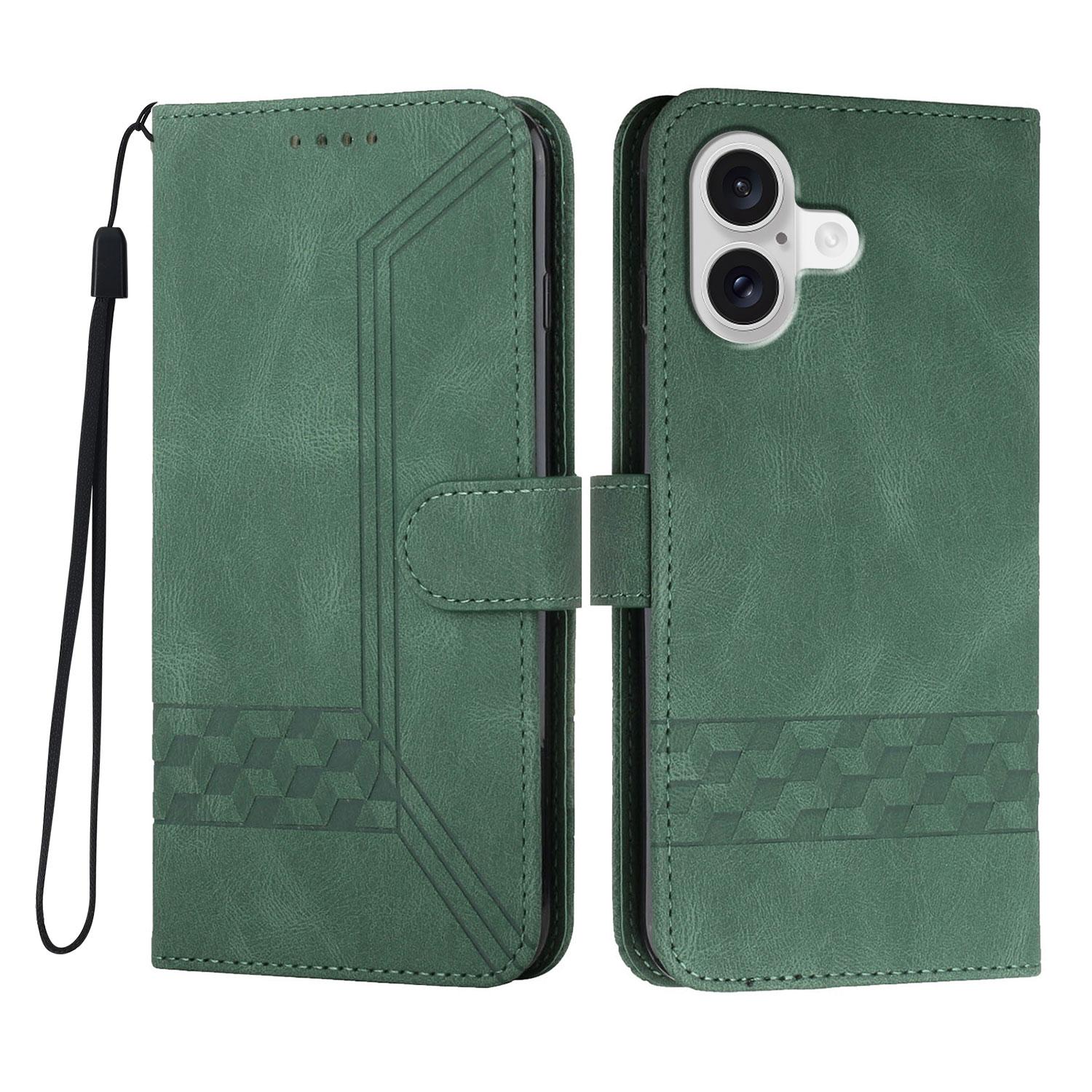 

For iPhone 17 Phone Case with Strap Imprint PU Leather Wallet Stand Cover Blackish Green