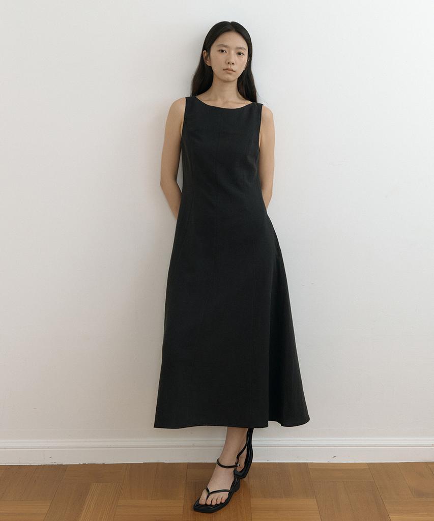 Lingseoul Linen Sleeveless Boat Neck Long Flare Dress-Black