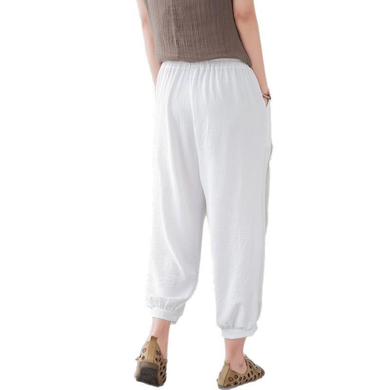 Wenyi Fan loose large size solid color cotton and linen casual pants women's summer new thin versatile elastic waist nine-point leggings
