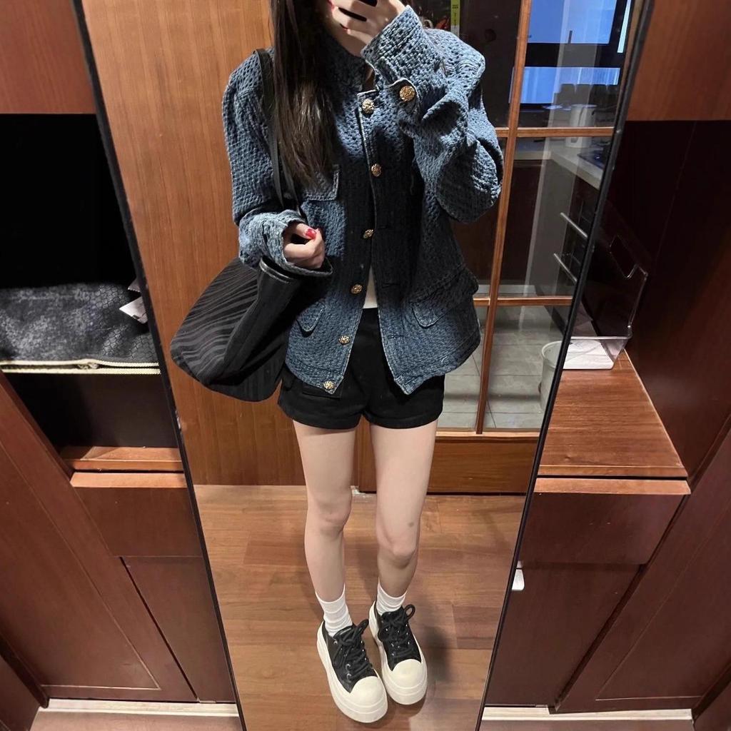 Women's French Chic Blue Denim Jacket - Old Money Style, Petite Short Top, Fall 2025