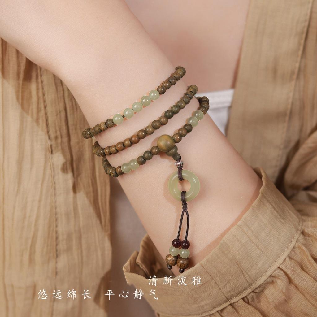 Natural Hetian Jade and Green Sandalwood Multi-loop Stacked Bracelet for Women, Chinese Style Half-mountain Half-water Bracelet, Gift for Girlfriend