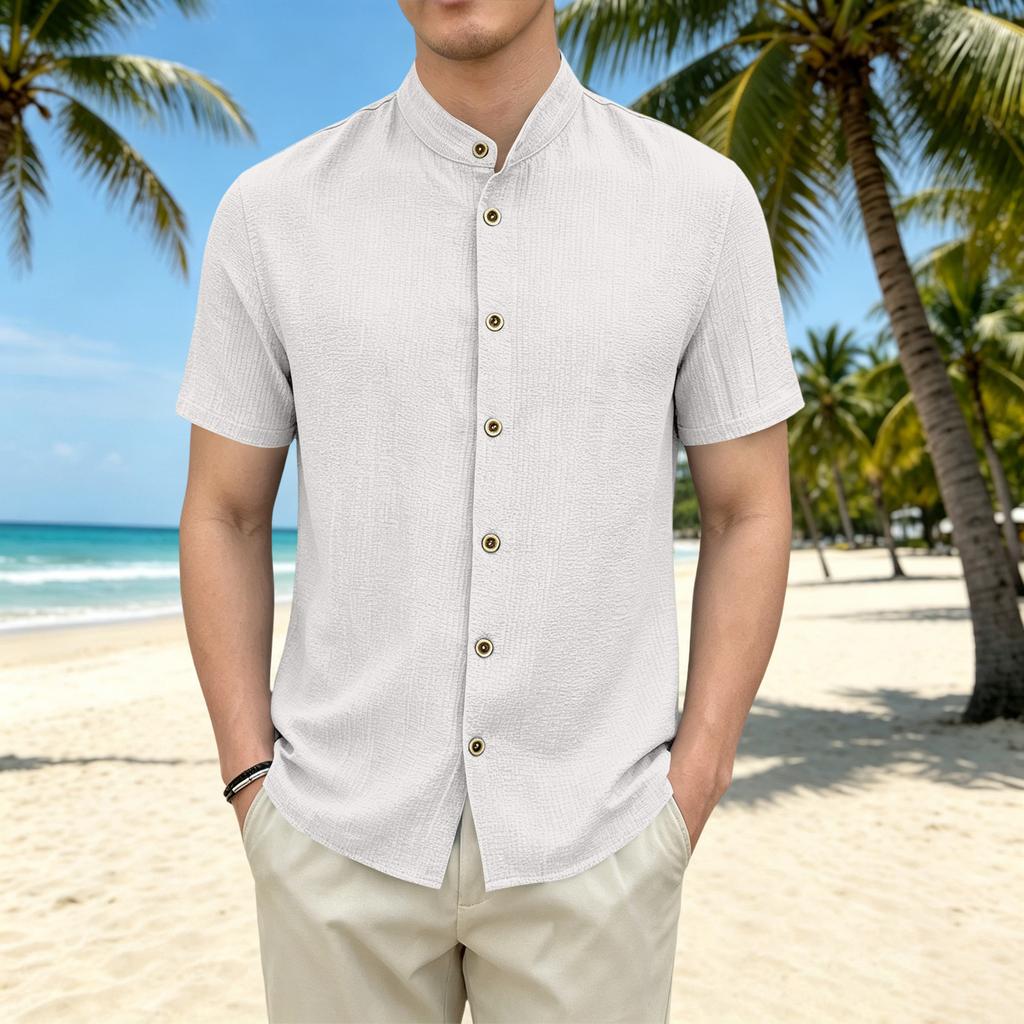Men's Casual Loose Fit Short Sleeve Shirt Stand Collar Button Front Lightweight Summer Top