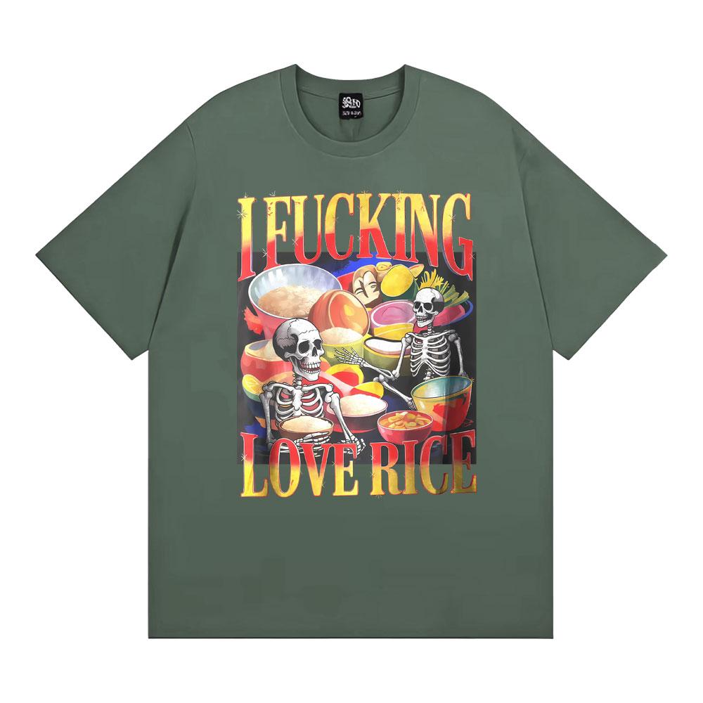 Funny Skeleton Rice Lover Edgy Foodie Meme Graphic Tee Shirt Unisex Women Retro High Quality Summer Tshirts Cotton Classic T Shirt