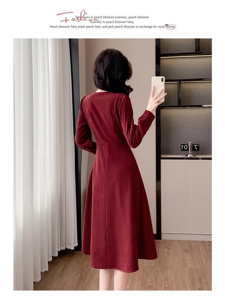 HXFS8213 Romantic Retro Red Dress - Women's High-End V-Neck French Hepburn Skirt for 2025 Autumn/Winter