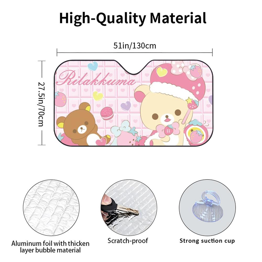 r-Rilakkuma Bear Car Sunshade Curtains Heat-insulating Aluminum FilmReusable Suction Cup Blocks UV Rays Car Sun Visor Protector