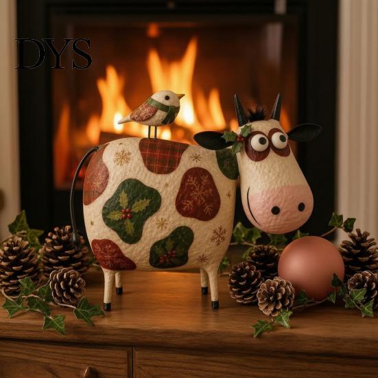 Rustic Farmhouse Shelf Decorations Creative Cow Sculpture with Bird, Resin Animal Figurine, Pastoral Statue, Gifts for Housewarming Artistic Tabletop